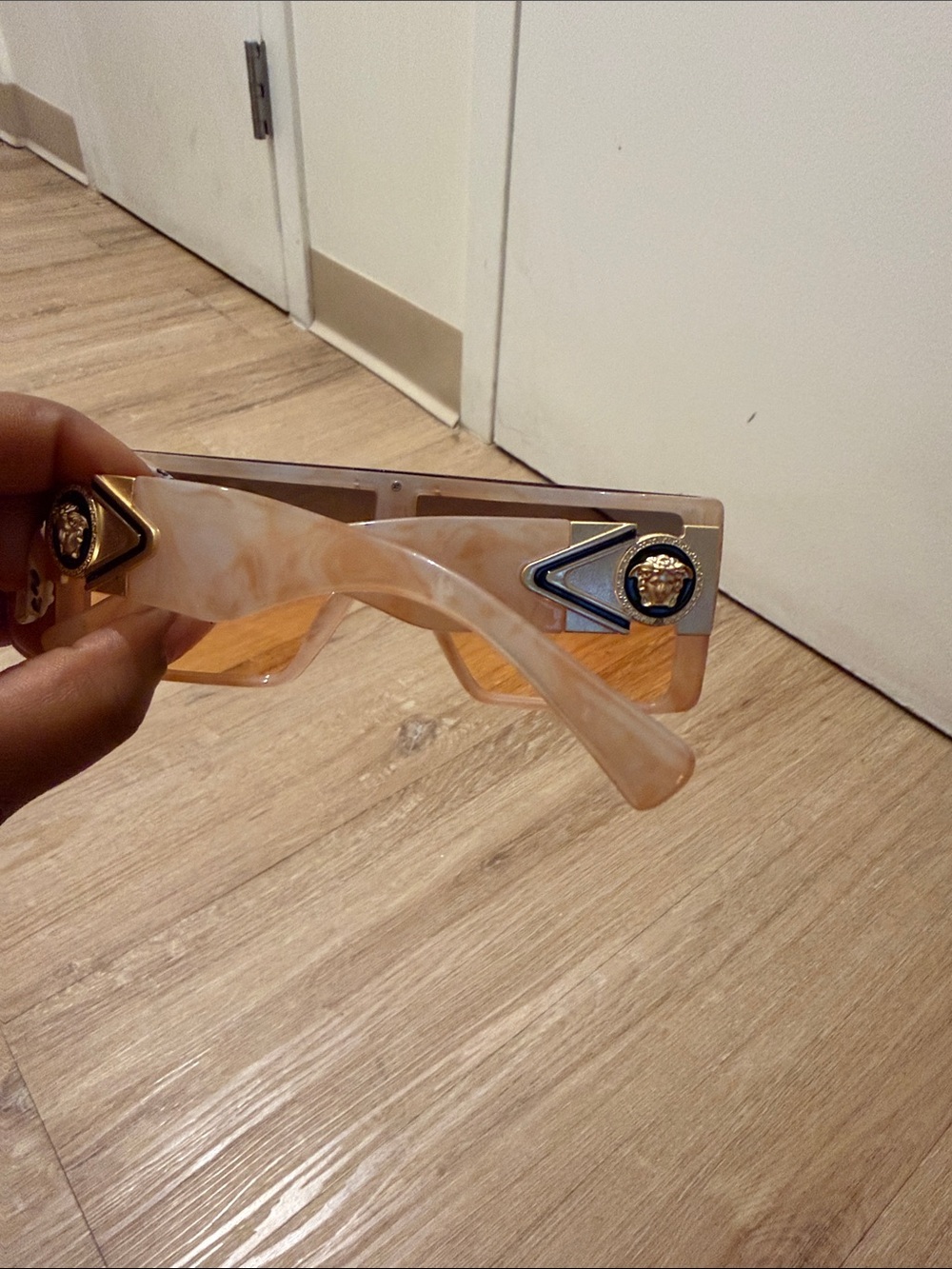 Gold Medallion Square Sunglasses - Cream Frames, Amber Lenses